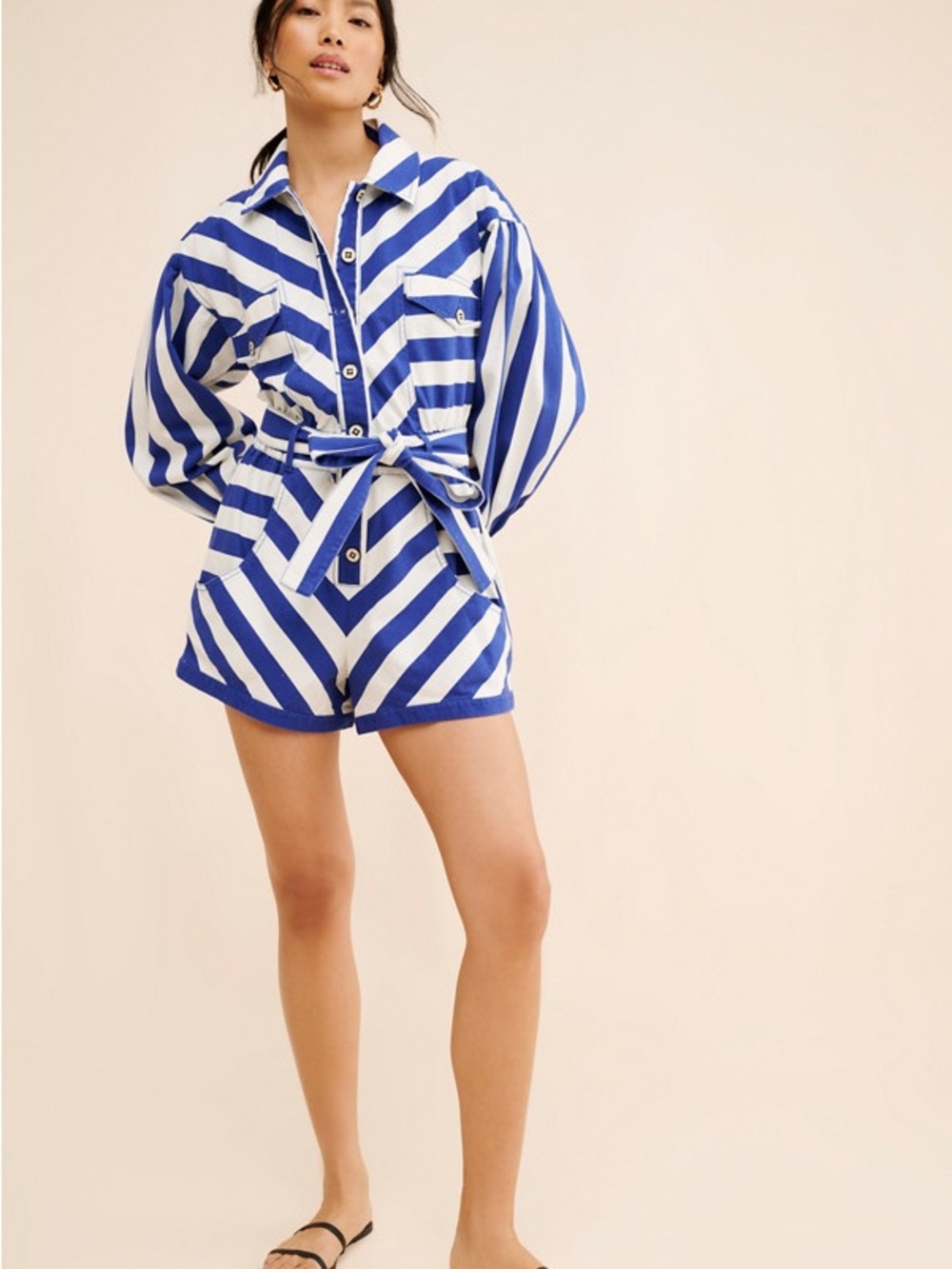 FARM Rio Blue and White Striped Button-Front Tie-Waist Romper - Picture 4 of 4